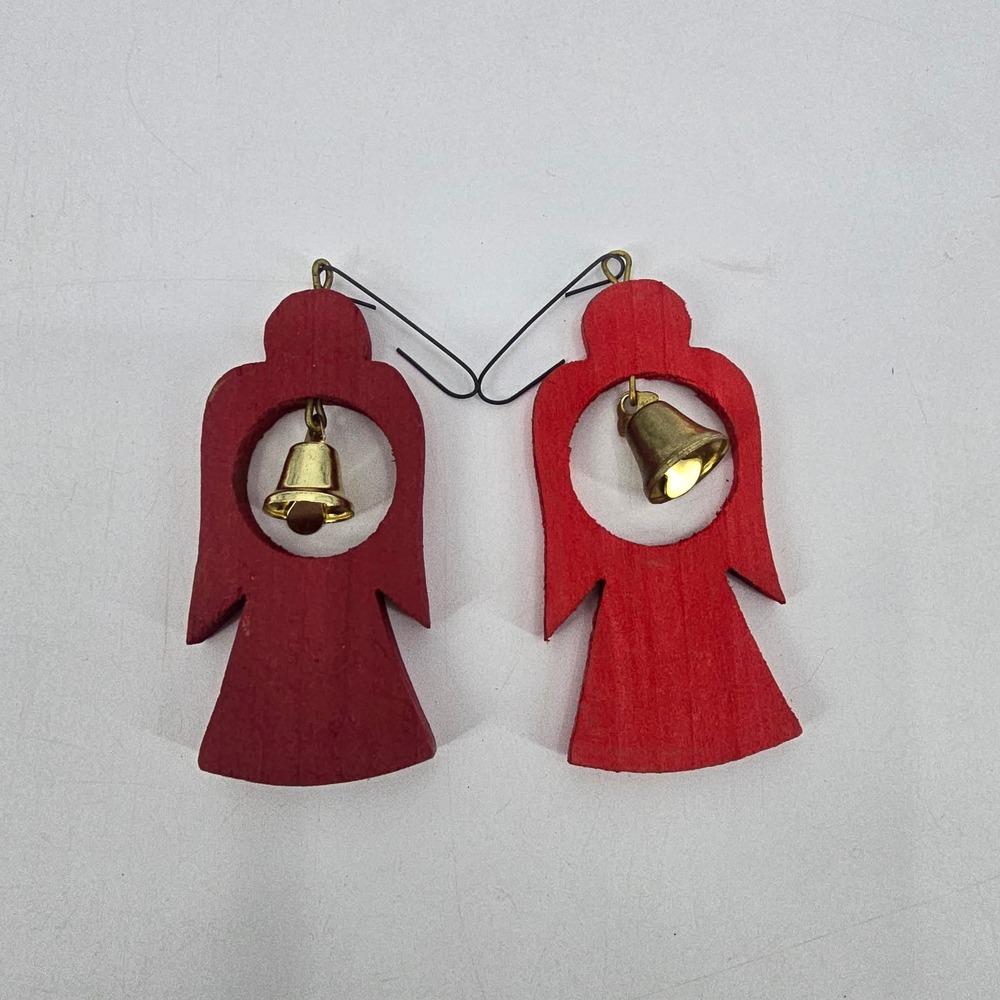Vintage Handmade Wooden Angel Bell Christmas Ornaments Set 2 Folk Art Primitive